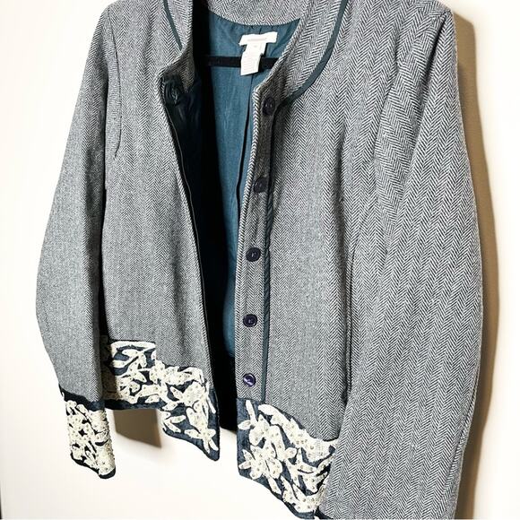 SUNDANCE Herringbone gray/dark teal blazer w/velour, appliqué & beading size 16 - Picture 3 of 6